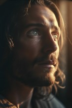 Profile portrait of jesus christ in dramatic lighting, generative AI, AI generated