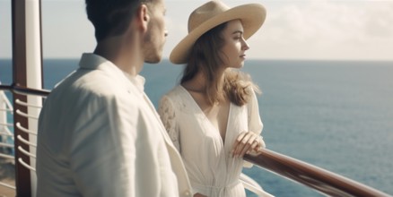 Young adult caucasian couple vacationing on A cruise ship in the tropics, generatvie AI, AI