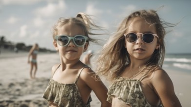 Two young girlfriends posing wearing sunglasses having fun on the beach, generatvie AI, AI