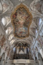 Rockoko interior with organ loft and ceiling vault of the Basilica of St Emmeran, Regensburg, Upper