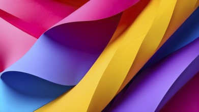 Illustration of abstract geometric flat lay composition of papers in hues of purple yellow magenta