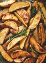 Fried potato slices, homemade, on parchment, burned, top view, close-up