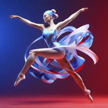 Abstract digital render of an olympic rythm sports gymnast morphing into fluid shapes of french