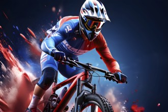 Olympic 2024 mountain biker metamorphosed into fluid abstract shapes french tricolor blue white