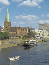 Weser, at the Schlachte, riverside promenade, old town, rowing boat, Bremen, Germany, Europe