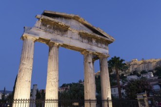 Tor tor of Athena Archegetes with Doric columns, blue hour, Roman Agora, Athens, Greece, Europe