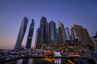 Marina, Skyline, Cayan Tower, DAMAC Heights, Logo, Dubai Marina, twilight, blue hour, Dubai, United