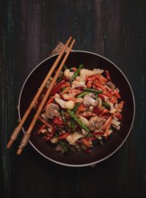 Wok, Asian-style vegetables, street food, mixed vegetables, no people, top view