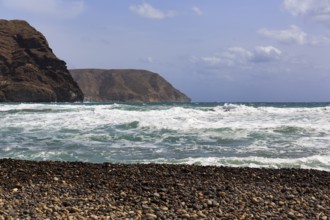 Surf on a pebble beach, rocky coast, Cabo de Gata Natural Park, Las Negras, Almeria, Andalusia,