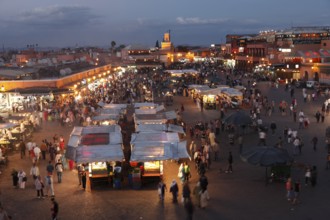 Restaurants on the Djemaa el Fna square in Marrakech, Morocco, Africa