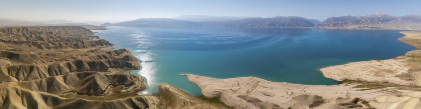 Aerial view, erosion landscape on the Naryn River, Toktogul Reservoir, Kyrgyzstan, Asia