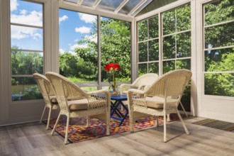 Beige wicker armchairs and blue wooden table in sunroom at back of luxurious residential home,