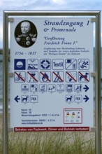 Board on the beach with notices and prohibitions, Heilgendamm, Mecklenburg-Vorpommern, Germany,