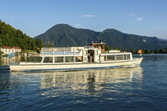 Passenger ship Kreuth on the Tegernsee, boat trip, warm evening light, mountains Wallberg and