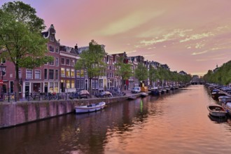 Prinsengracht canal in the evening light after sunset, Amsterdam, North Holland, Netherlands