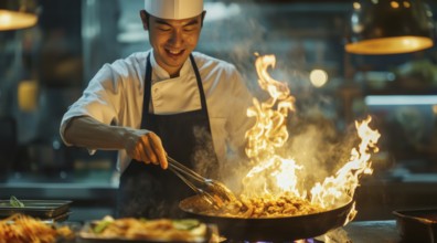 Thai asian cuisine. Chef in apron preparing delicious thai deep fried food over the fire., AI