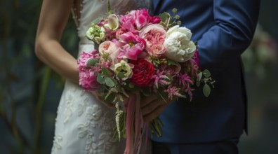 Groom and a bride hold hands together with wedding flower bouquet. Concept of strong love and