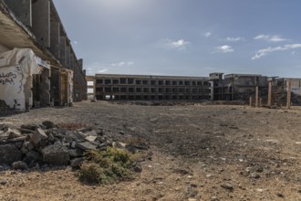 Lost Place, Abandoned buildings with spacious open areas and blue sky, Canary Islands, Lanzarote,