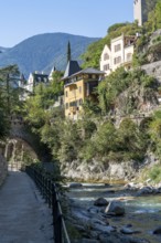 City view, skyline of Merano, river Passer, Passerprommenade, South Tyrol, Italy, Europe