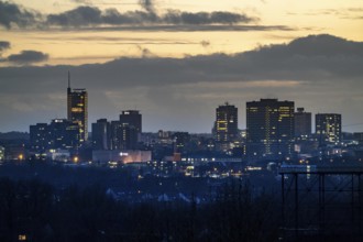 View of the skyline of Essen, city centre, seen from the Zeche Zollverein, Essen, North