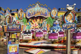 Empty fairground shop Shake under a blue sky in the morning, Cranger Kirmes, Herne, Ruhr area,