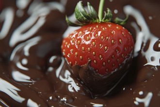 Close up of strawberry fruit dipped in melted hot chocolate. Generative AI, AI generated