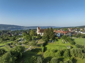 The church of St. Johann and Vitus in Horn on the Höri peninsula, aerial view, Gaienhofen, Lake