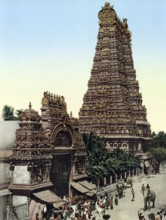 South India. Gopuram or Gopura, a monumental entrance tower, usually ornate, at the entrance of a