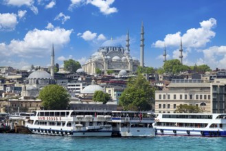 Bosphorus strait in Istanbul, Bosporus tour boats and views of Istanbul mosques and historic center