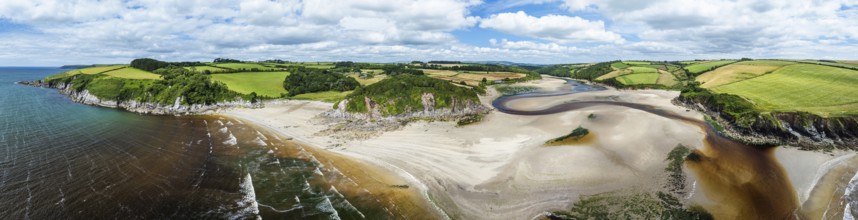 Panorama of Cliffs over Mothecombe Beach and Red Cove from a drone, River Emme, Mothecombe,