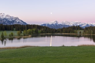 Hegratsrieder See near Füssen, Allgäu Alps, snow, moon, dawn, Allgäu, Bavaria, Germany, Europe