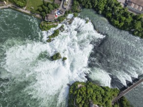 Aerial view, top down view of the Rhine Falls, Neuhausen, Canton Schaffhausen, Switzerland, Europe