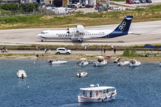 An Olympic ATR 72-600 aircraft with the registration SX-OBM at Skiathos Airport, Greece, Europe