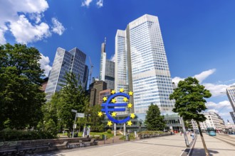 Euro sign symbolising Europe with banks High-rise buildings on Willy-Brandt-Platz in Frankfurt,