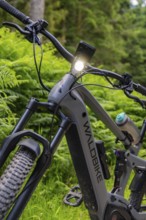 E-bike in the forest with focus on front parts, surrounded by green flora, Gechingen, Black Forest,