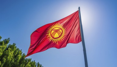 The flag of Kyrgyzstan, Kyrgyzstan, flutters in the wind, isolated against a blue sky, Asia