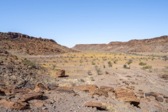 Barren landscape with boulders in a valley, desert landscape, Twyfelfontein, Kunene, Namibia,