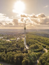 Rays of sunlight illuminate the forest and the television tower against a dramatically cloudy sky,