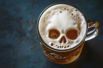 Beer mug with skull shape in foam on blue table. Concept for alcoholism and alcohol related deaths.