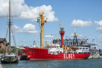 The German lightship Elbe 1 on visit in Ystad harbor, Skåne County, Baltic Sea, Sweden,