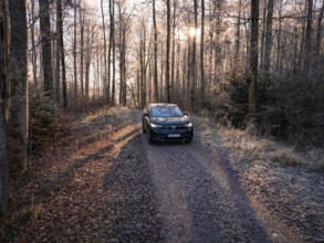 A car on a frosty forest path in the early morning light, car sharing, electric car, Volkswagen ID