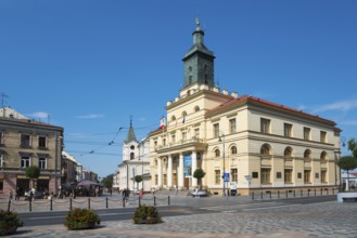 Town square with classicist town hall and tower under a blue sky, Town Hall, Lublin, Poland, Europe