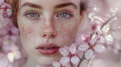 Woman with blue eyes and red hair surrounded by pink sakura flowers. Beauty and natural elegance,