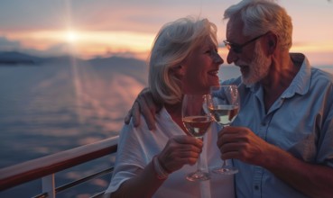 Happy senior romantic couple celebrate onboard of luxury cruise ship with glass of wine at sunset,