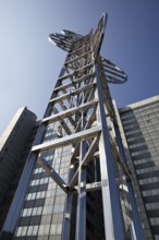 Sculpture by Nicolas Schöffer entitled Chronos 15, light-kinetic tower in front of the Stadthaus,