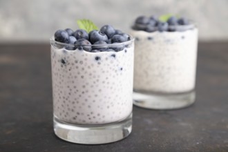 Yogurt with blueberry and chia in glass on black concrete background. Side view, close up