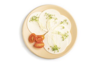 White cheese with tomatoes and cilantro microgreen isolated on white background. top view, flat