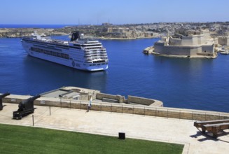 MSC cruise ship in Grand Harbour arriving in Valletta, Malta, Europe