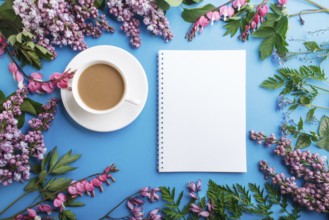 Purple lilac and bleeding heart flowers and a cup of coffee with notebook and colored pencils on