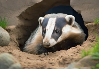 Animal portrait, European badger (Meles meles) sticks its head out of its cave, AI generated, AI